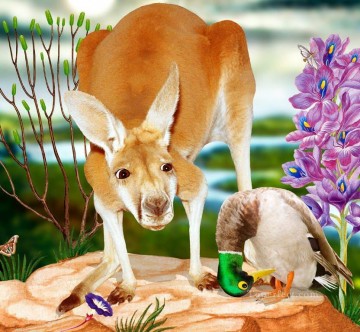 kangourou et Anas platyrhynchos Animaux facétieux Peinture à l'huile